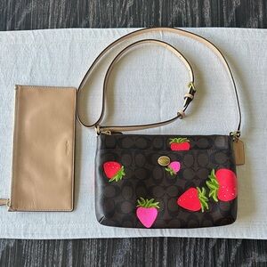 Coach Dark Brown Signature Strawberries Coated Pebbled Leather Crossbody Bag